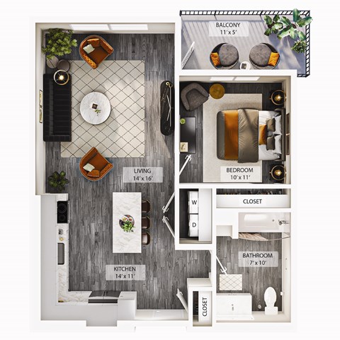 Floor plan for 1 bed, 1 bath, 709 sqft